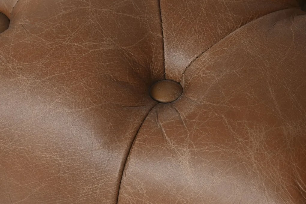 Canapea 3 locuri din piele cognac, cu spătar capitonat, picioare din metal auriu, aspect retro, 74 x 209 x 77 cm, „Odette”
