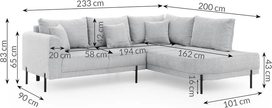 Colțar gri deschis cu tapițerie din chenille (cu colț pe partea dreaptă/în formă de ”L”) Mauris – Ropez