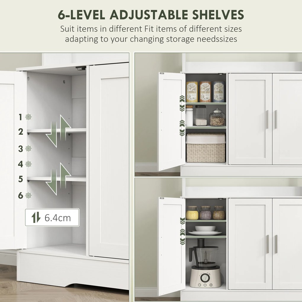 HOMCOM Dulap Bucătărie de 180cm, Dulap Înalt cu 4 Compartimente, Uși din Sticlă Securizată, 2 Rafturi Deschise, Rafturi Reglabile, Blat pentru Electrocasnice, pentru Bucătărie sau Living, Alb | Aosom Romania