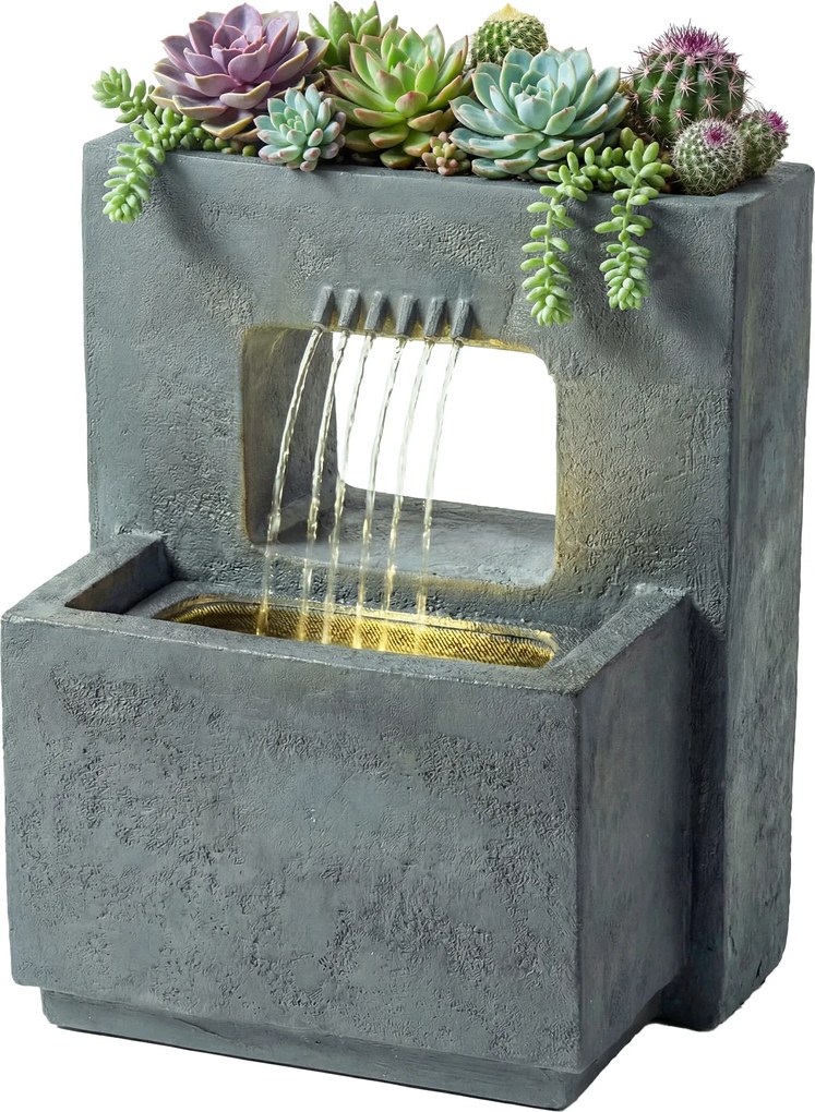 Outsunny Fântână arteziană în 2 trepte, fântână de grădină cu iluminare LED, ghiveci pentru plante, pompă, aspect piatră, reglabil 45 x 31,5 x 58,5 cm | Aosom Romania