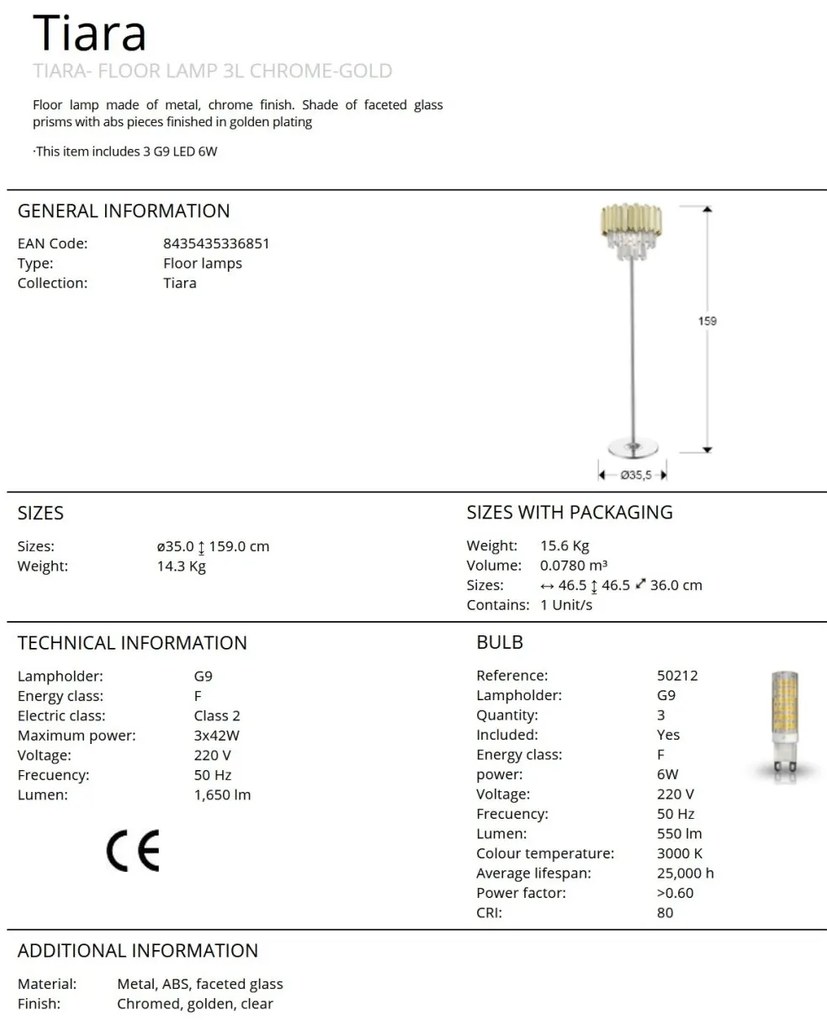 Lampadar/Lampa de podea design elegant Tiara crom/auriu