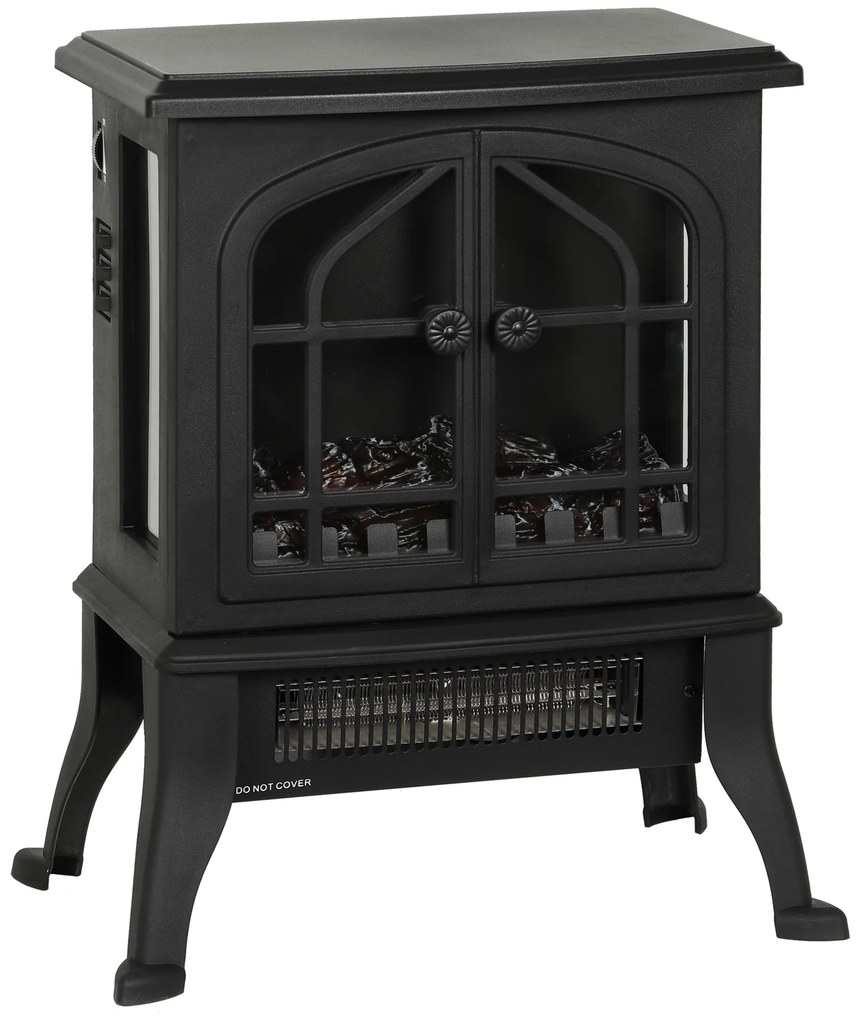 HOMCOM Șemineu Electric de Podea  900/1800W Efect Flăcări 3D Termostat Reglabil Ferestre Vizibile pentru 15-30 ㎡ Negru | Aosom Romania