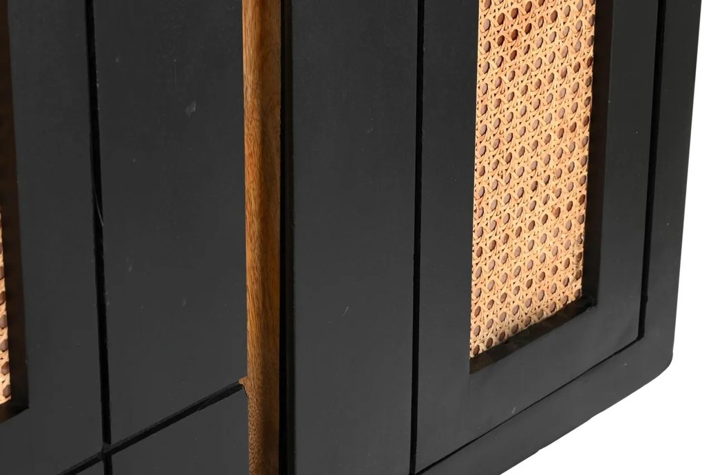 Bufet negru retro, din lemn de mango, cu 4 uși cu panouri din ratan împletit și picioare înclinate din metal, 90 x 160 x 40 cm, „Chaumont”