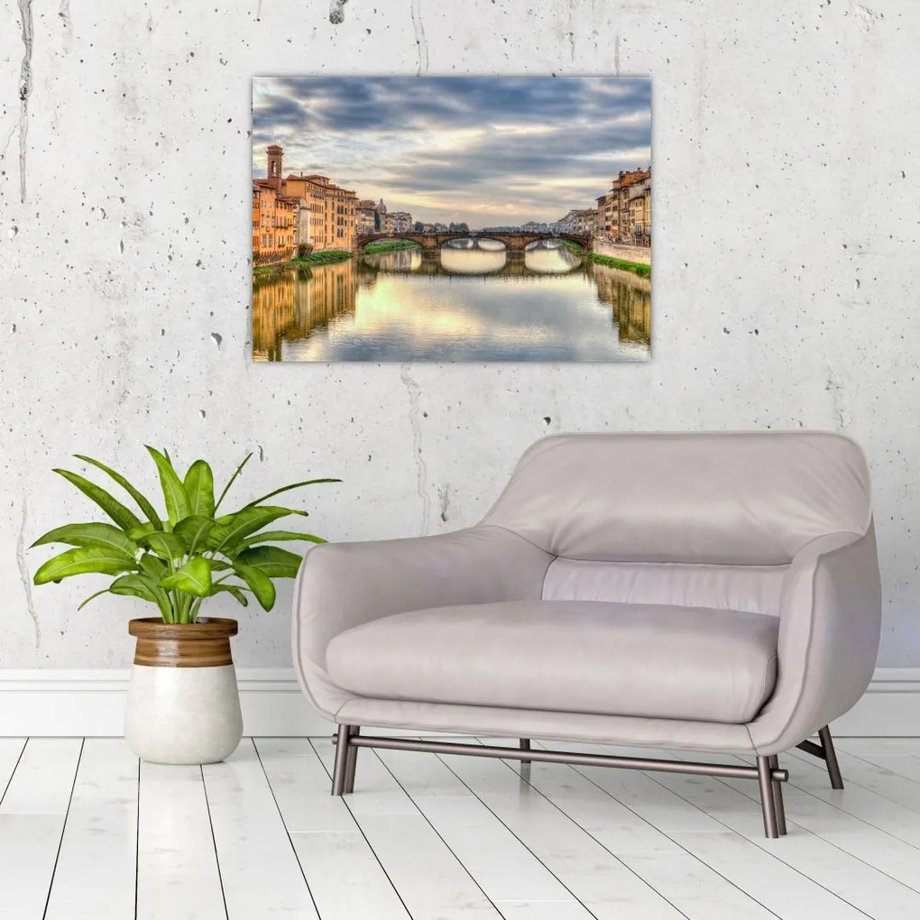 Tablou pe sticlă orașului cu râu (70x50 cm)