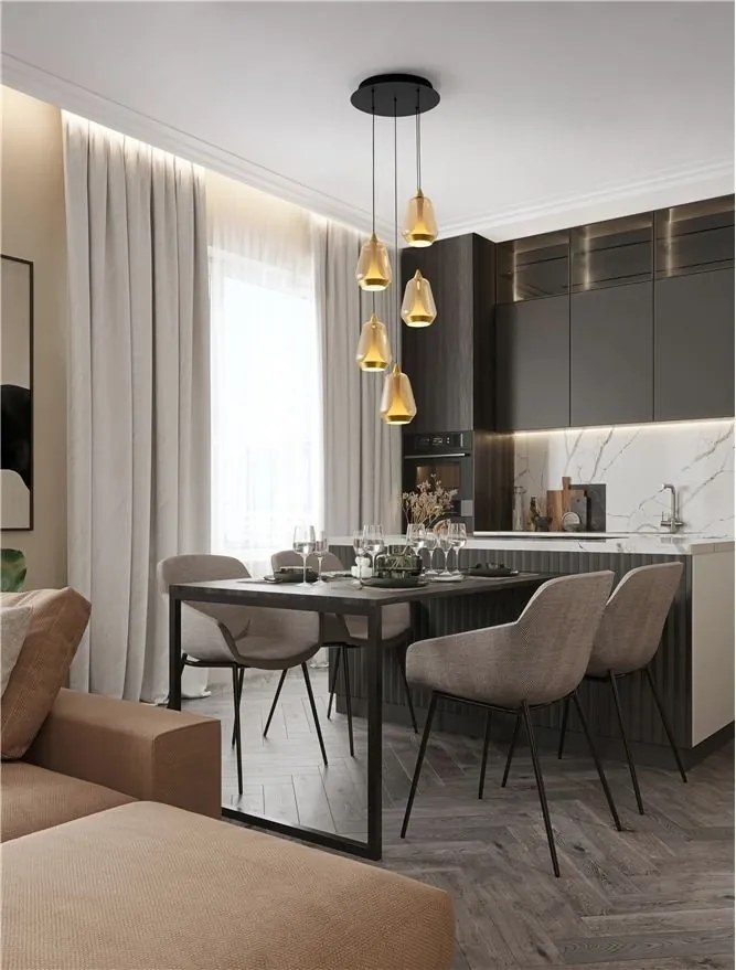 Lustra moderna cu 5 pendule LED, Metal, Sticla, Champaign, ALISH