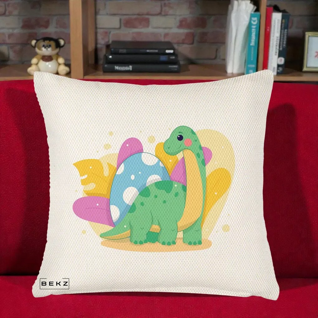 Perna Personalizata Dinozaur cu Ou Pastelat, 40x40 cm, Crem Reliefat, Husa Detasabila, Perna Inclusa, BEKZ®