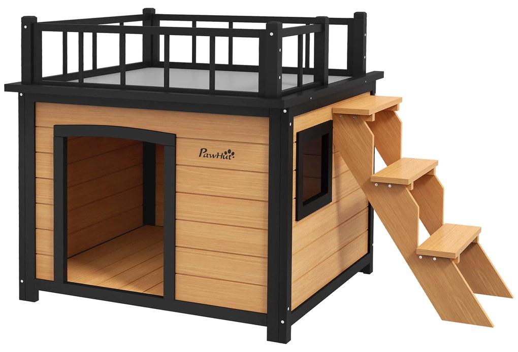 PawHut Căsuță pentru câini cu terasă, rezistentă la intemperii, lemn, 121x77x78cm, Negru/Galben | Aosom Romania