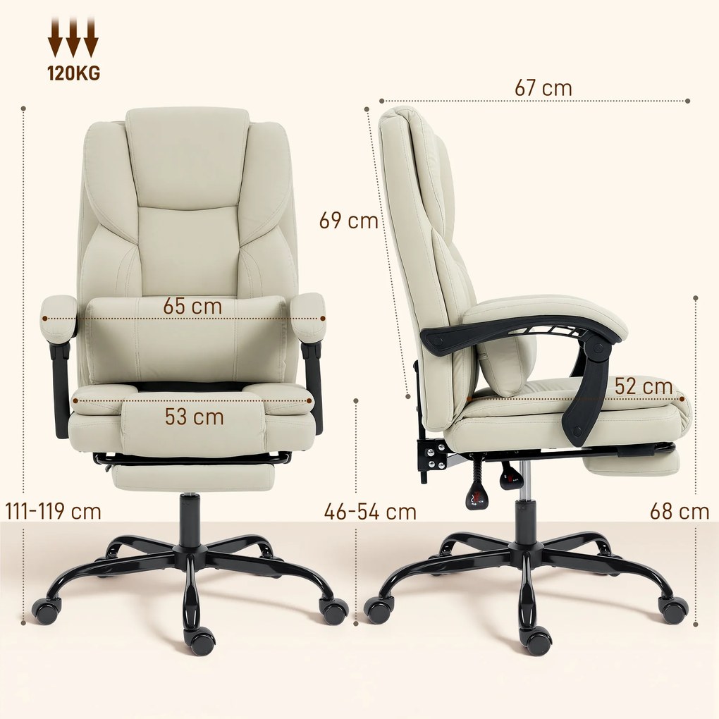 HOMCOM Scaun de birou reclinabil din piele ecologică, cu suport pentru picioare și roți, 65x67x111-119 cm, bej | Aosom Romania