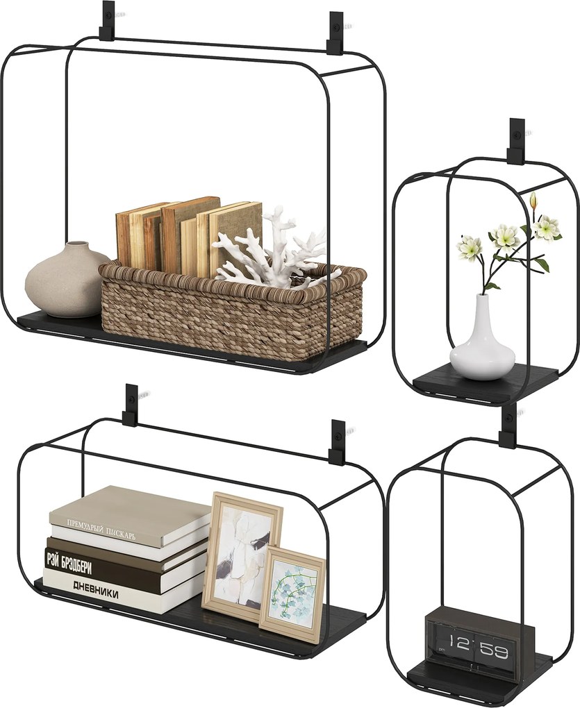 HOMCOM Rafturi Flotante Geometrice pentru Living, Set de 4 Piese, Negru | Aosom Romania