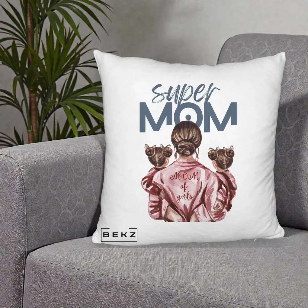 Cadou pentru Mama - Perna Personalizata Super Mom of Girls Mama cu Gemene, 40x40 cm, Alb Pufos, Husa Detasabila, Perna Inclusa, BEKZ®