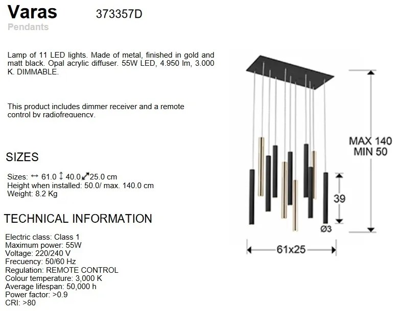 Lustra dimabila cu telecomanda, 11 pendule LED design modern Varas negru/auriu SV-373357D