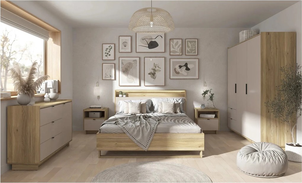 Set dormitor DALVA, stejar/casmir, pat 160x200, dulap cu 3 usi si 2 se