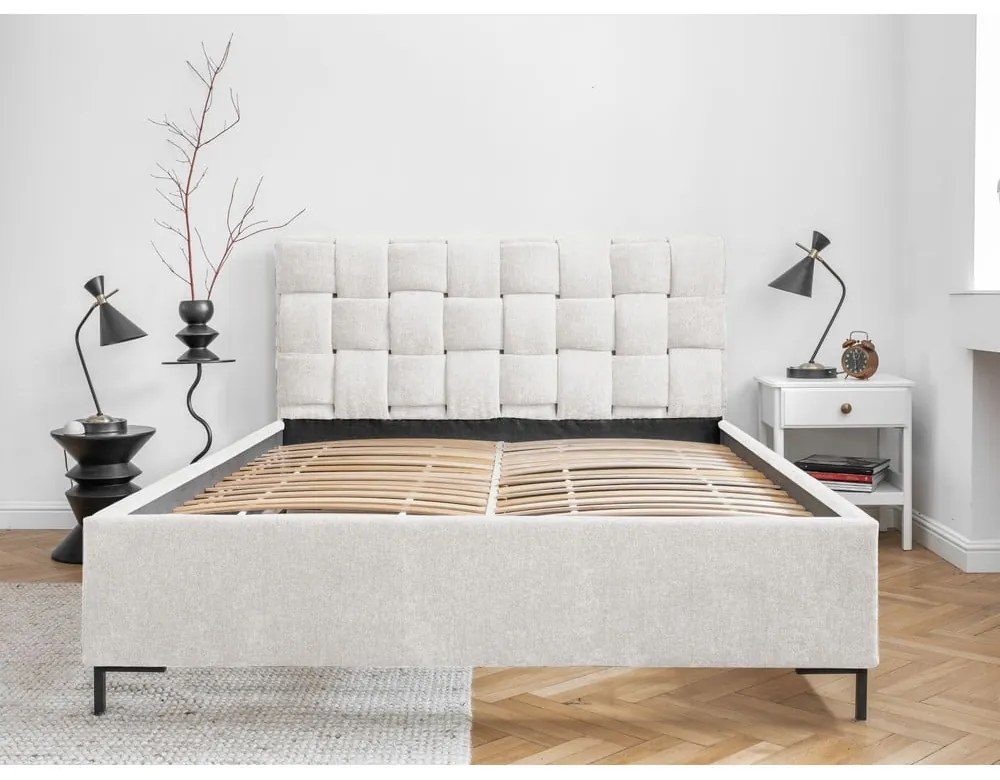 Pat matrimonial crem tapițat cu somieră 140x200 cm Eve – Miuform
