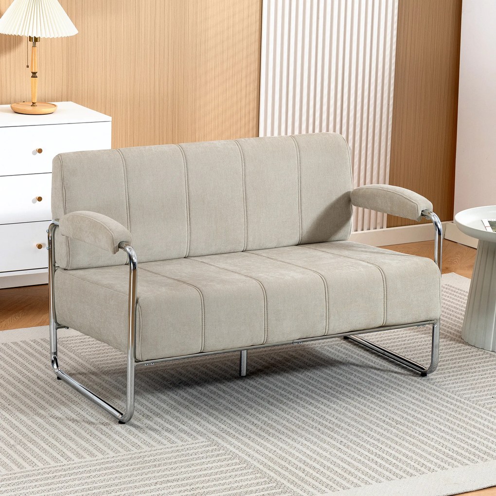 HOMCOM Canapea cu 2 Locuri Tapițată în Chenille cu Cusături Duble, Canapea Modernă cu Brațe și Picioare din Oțel, pentru Living, Birou și Dormitor, 120x73x76 cm, Bej | Aosom Romania