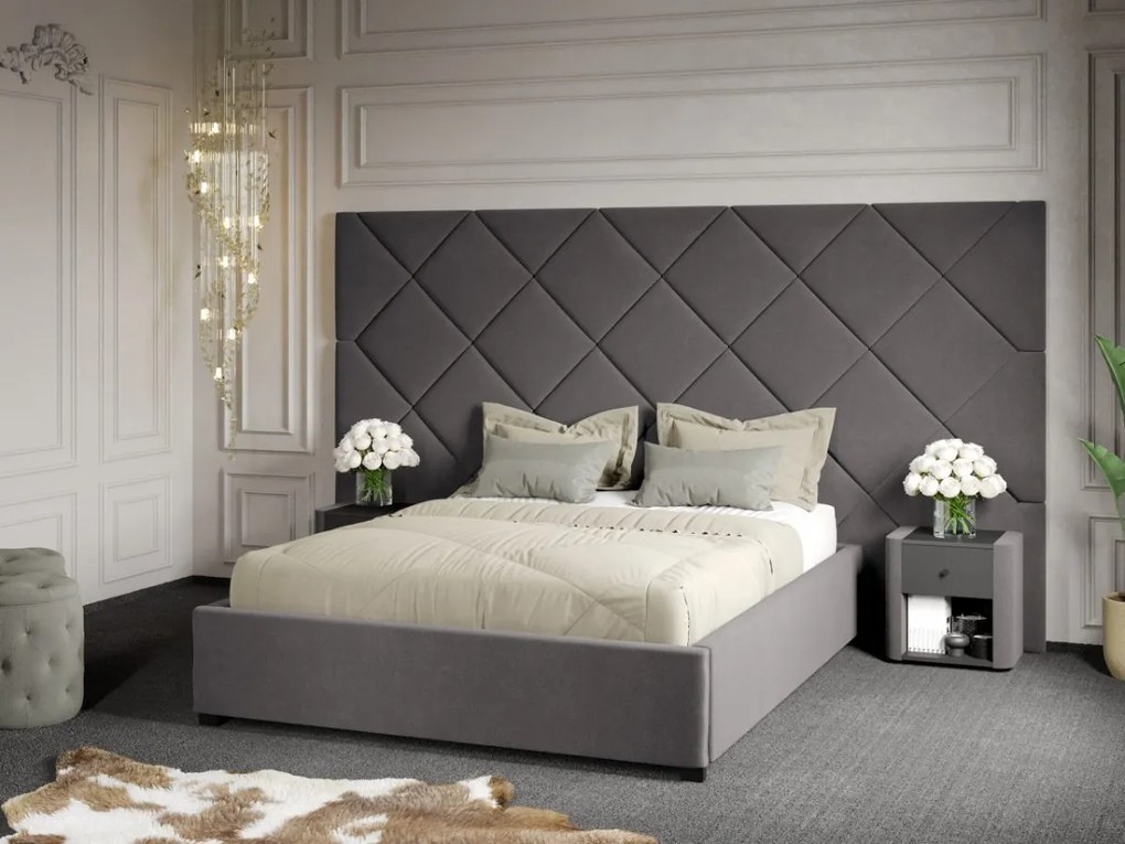 Pat Tapitat cu Panou 305x171 C4 Dubai cu somiera fixa Gri - Velluto 16 180x200