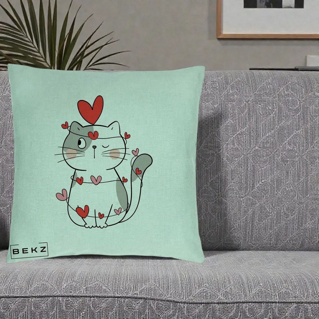 Perna Decorativa Pisica Kawaii cu Inimi, 40x40 cm, Verde Menta, Husa Detasabila, Perna Inclusa, BEKZ®