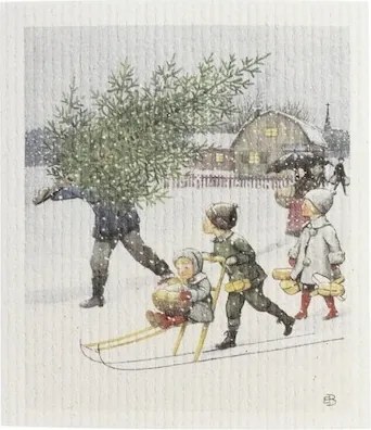 Lavetă artizanală din bumbac cu ilustrație de Crăciun de Elsa Beskow, alb, 17×20 cm, „Home for Christmas"