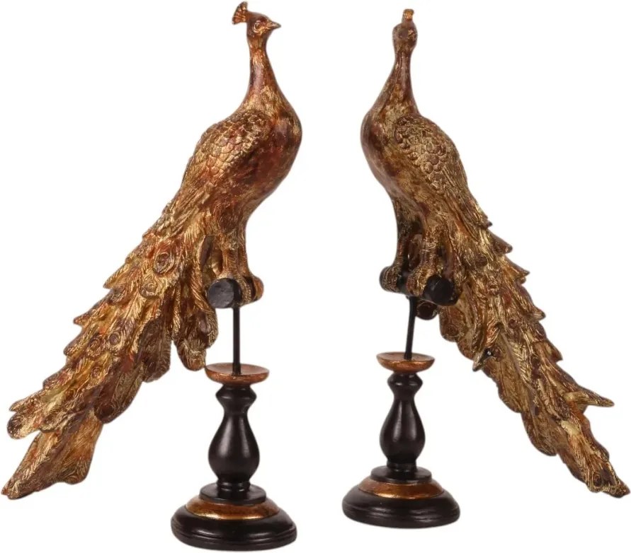 Statuetă decorativă din polirășină, auriu, păun pe soclu negru, finisaj antichizat, 41 x 26 x 11 cm, „Paon”