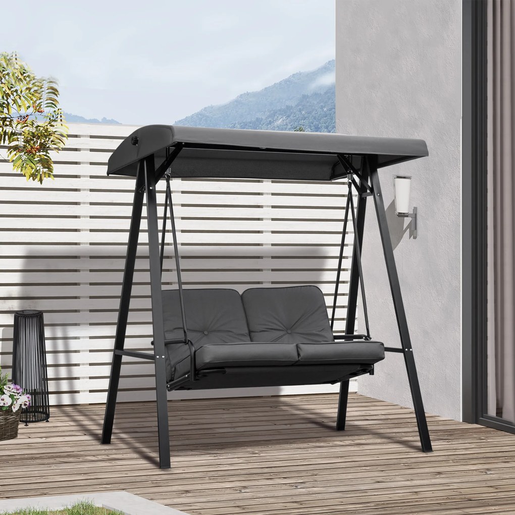 Outsunny Balansoar de Grădină 2 Locuri cu Acoperiș Reglabil și Perne, 144x117x173 cm, Gri Închis | Aosom Romania