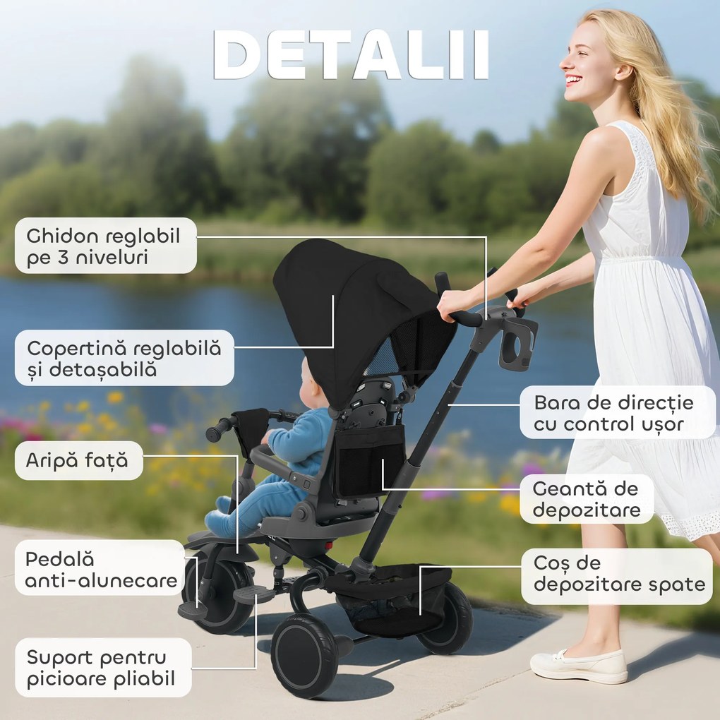AIYAPLAY Triciclu Pliabil pentru Copii 6 în 1 cu Mâner Reglabil pentru Părinți și Acoperiș pentru Vârstele 1-5, Negru | Aosom Romania