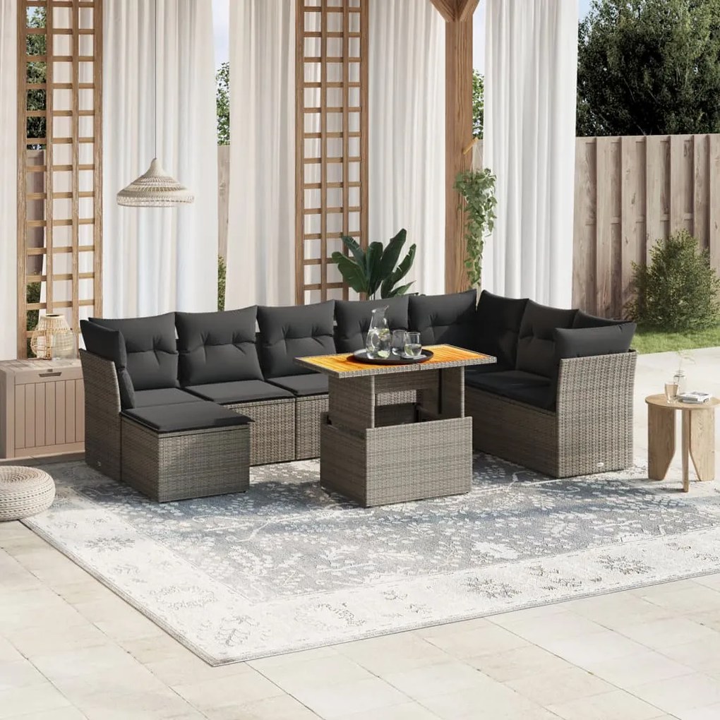 vidaXL Set canapele de grădină, 9 piese, cu perne, gri, poliratan