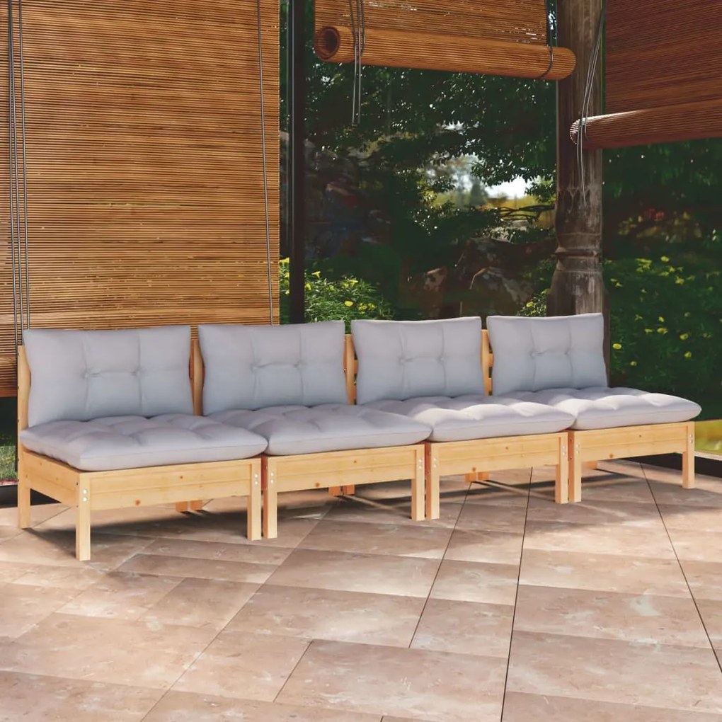 3096123 vidaXL Canapea de grădină cu 4 locuri, cu perne gri, lemn masiv pin