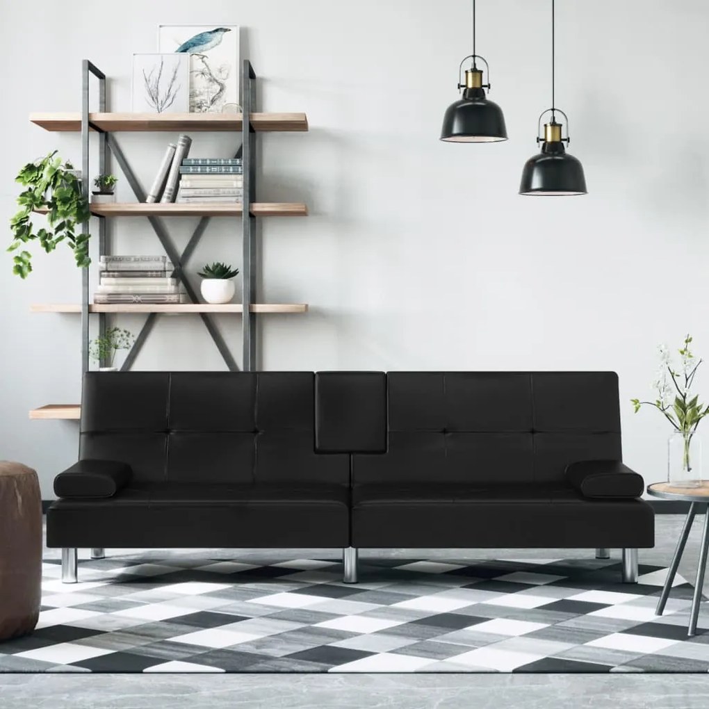 351926 vidaXL Canapea extensibilă cu suporturi pahare, negru, piele ecologică