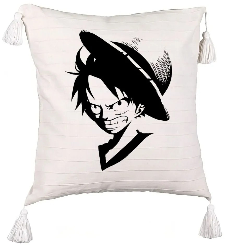 Perna Decorativa cu Franjuri cu One piece Luffy Black, 45x45 cm, Ecru, Cu fermoar