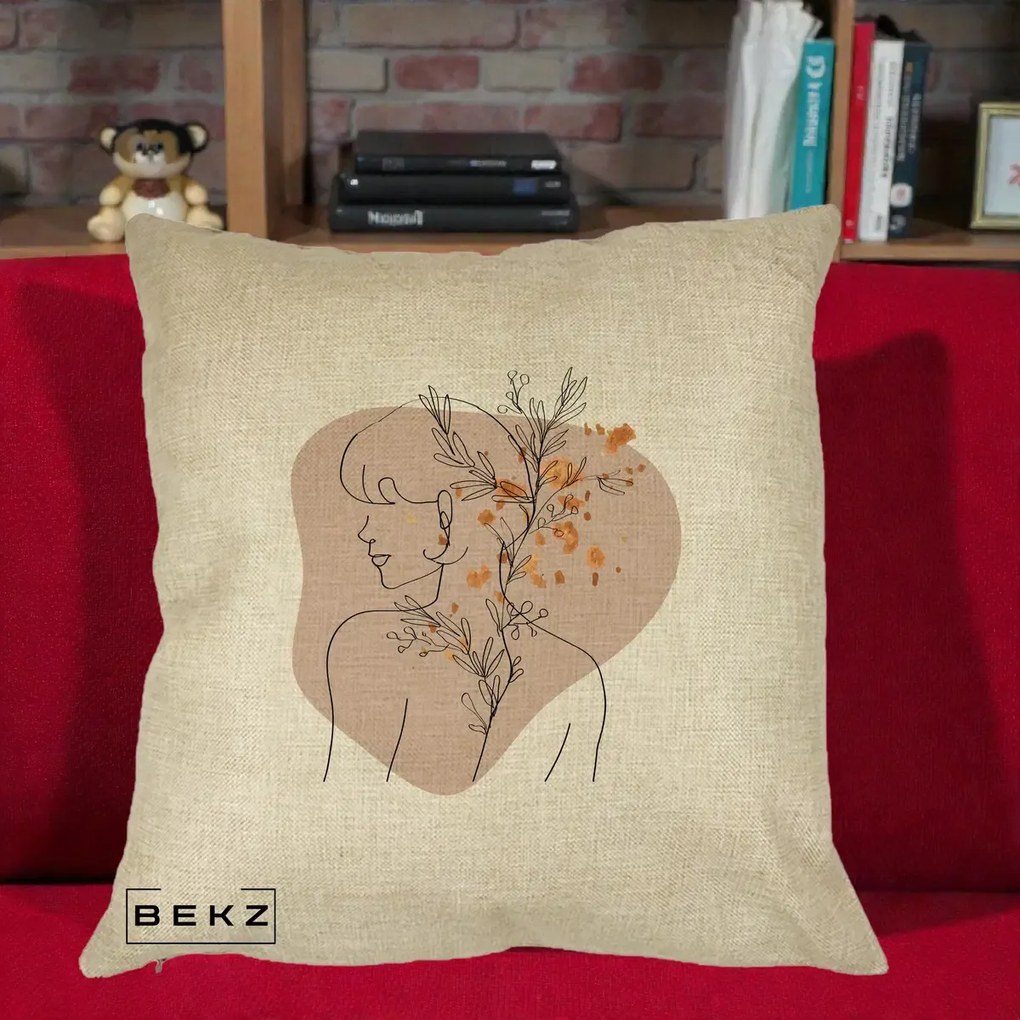 Perna Decorativa Femeie cu Flori Line Art Boho, 40x40 cm, Crem, Husa Detasabila, Perna Inclusa, BEKZ®