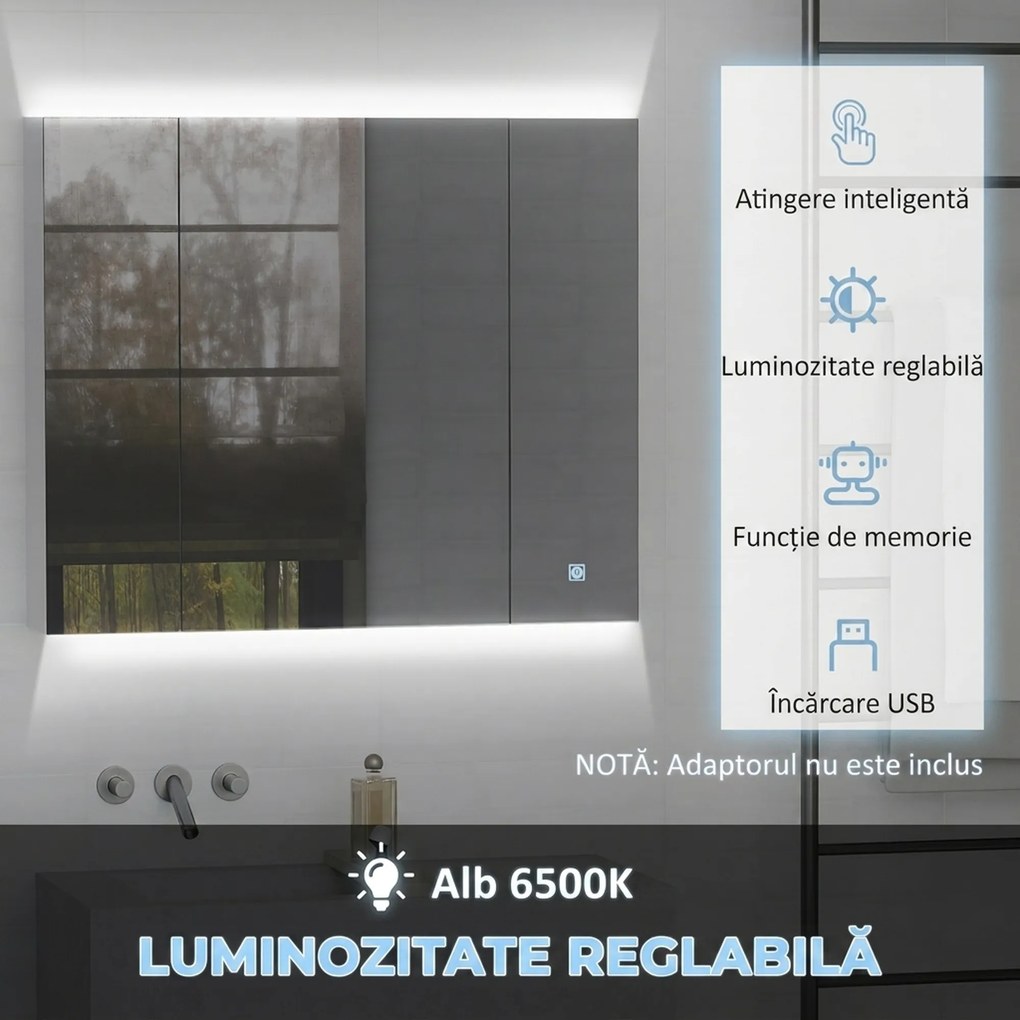 kleankin Dulap de baie cu oglindă și lumină LED, 90x15x75 cm, uși soft-close, reglabil în 3 culori, rafturi ajustabile, întrerupător tactil, alb | Aosom Romania
