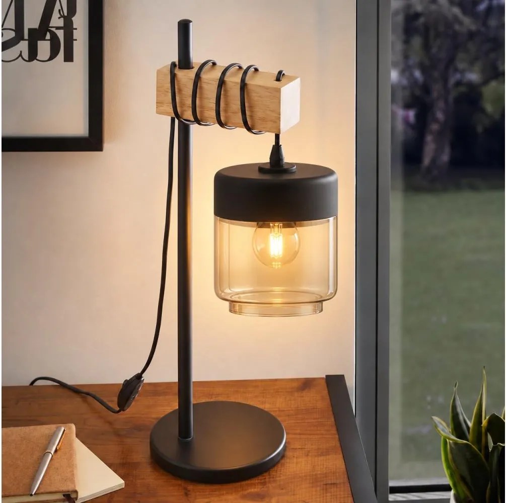 BRILAGI - Lampă de masă WOOD GLASS 1xE27/40W/230V maro/negru/bej fumuriu