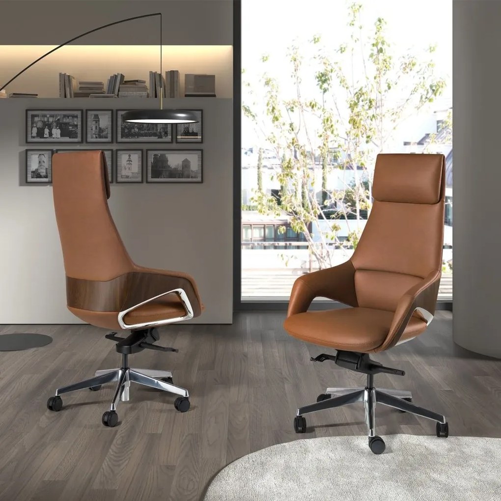 Scaun de birou modern piele sintetica si furnir de nuc Brown