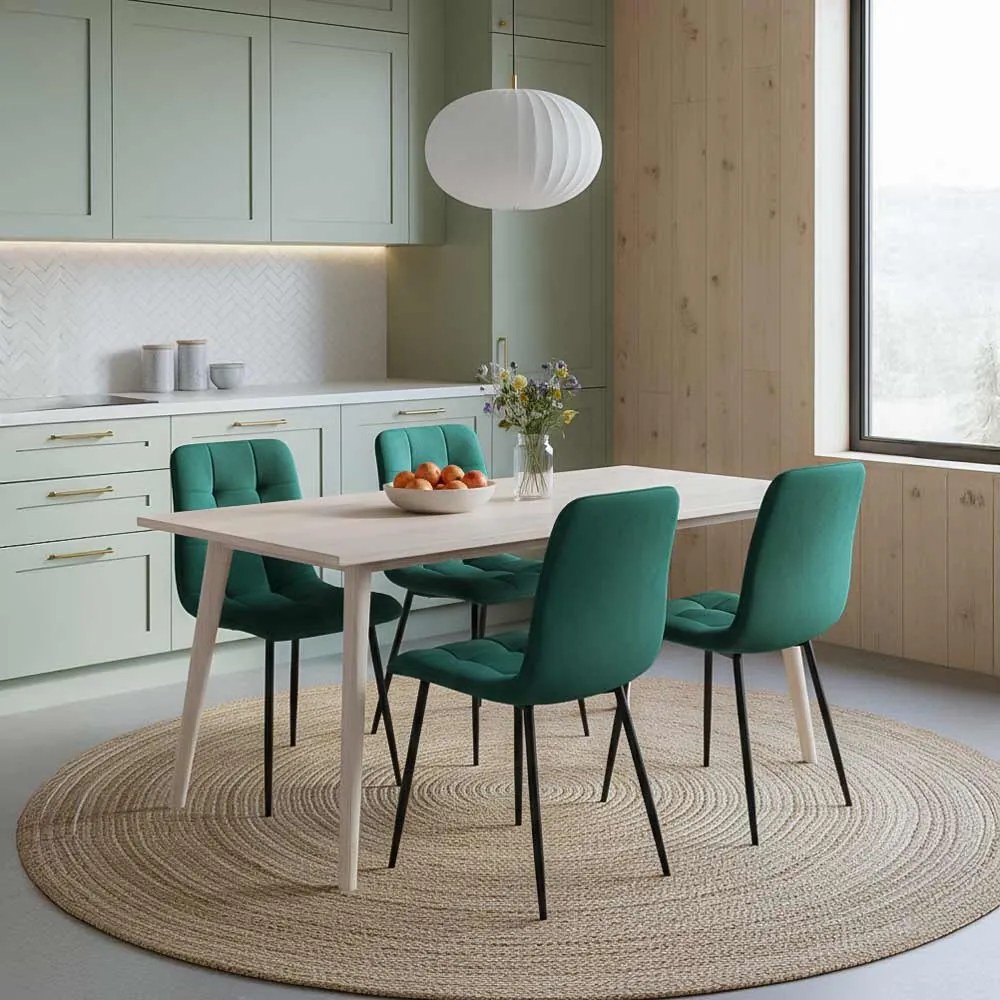 Scaun de dining BUC 211 din catifea verde, cu picioare metalice negre