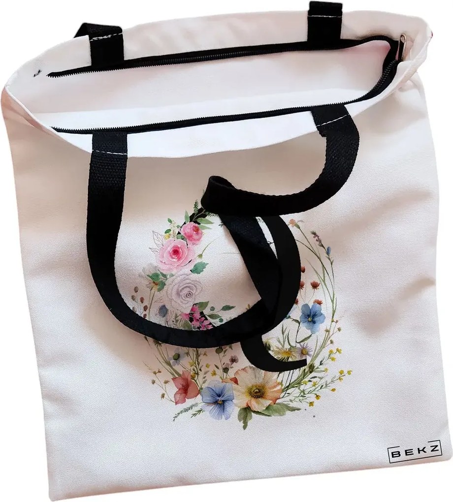 Sacosa de Panza pentru Cumparaturi, Geanta Tote, Cu litera Q in Coronita Florala, Cu fermoar, 38x34.5 cm, Alba, BEKZ®