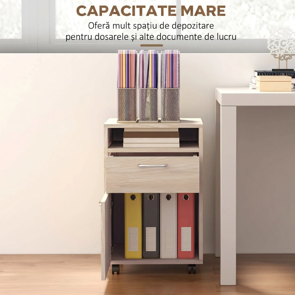 HOMCOM Dulap de Birou cu 4 Roți, Raft Deschis, 2 Sertare, Mobilier de Birou din Lemn și Metal, 40x35x60 cm, Lemn Natural | Aosom Romania