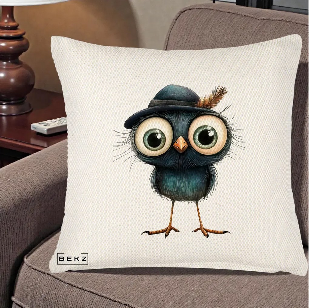 Perna Decorativa Pui Misterios cu Palarie Neagra, 40x40 cm, Crem Reliefat, Husa Detasabila, Perna Inclusa, BEKZ®