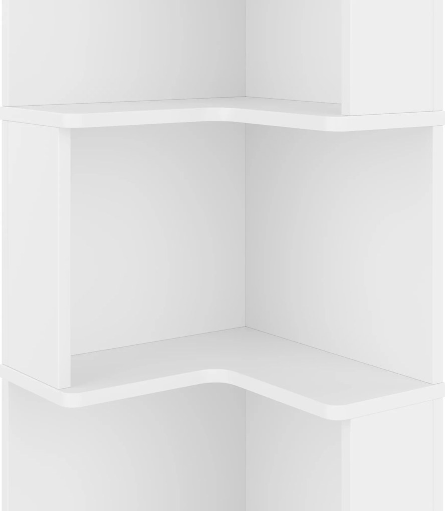 Raft de colț pentru cărți cu bandă de lumină LED cu schimbare de culoare, design în formă de L, spațiu de depozitare în cinci straturi, 63,5x45x175 cm, Alb