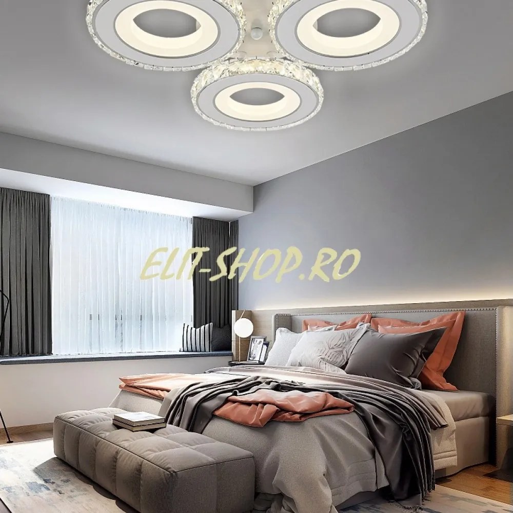 Lustra LED Cu Telecomanda, Elit's Cristal, 3Cercuri, Alb, 72W