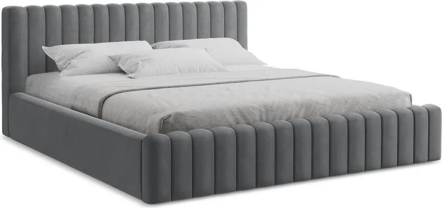 Pat matrimonial gri tapițat cu spațiu de depozitare cu somieră 160x200 cm Lemi – Makamii