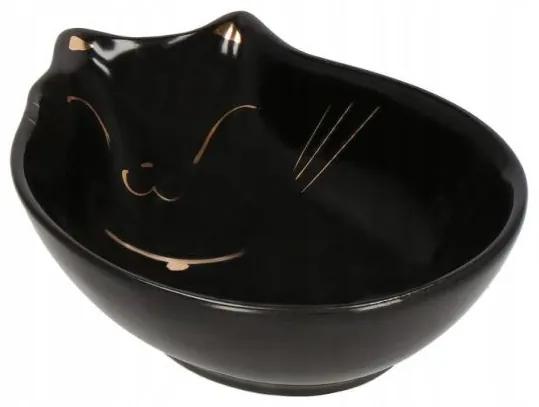 Castron, bol, pentru caine, pisica, ceramica, negru, model pisica, 15x11x5 cm