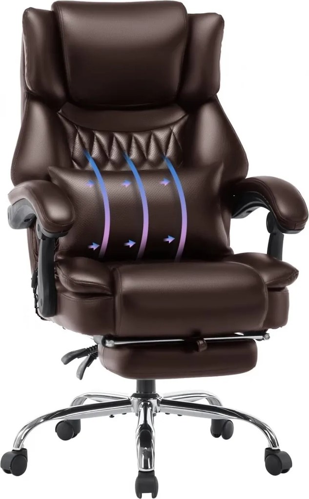RESIGILAT- Scaun directorial, spatar inalt, suport pentru picioare, perna lombara detasabila, spatar rabatabil, captuseala groasa respirabila, sustinere extra, piele eco Premium, Maro