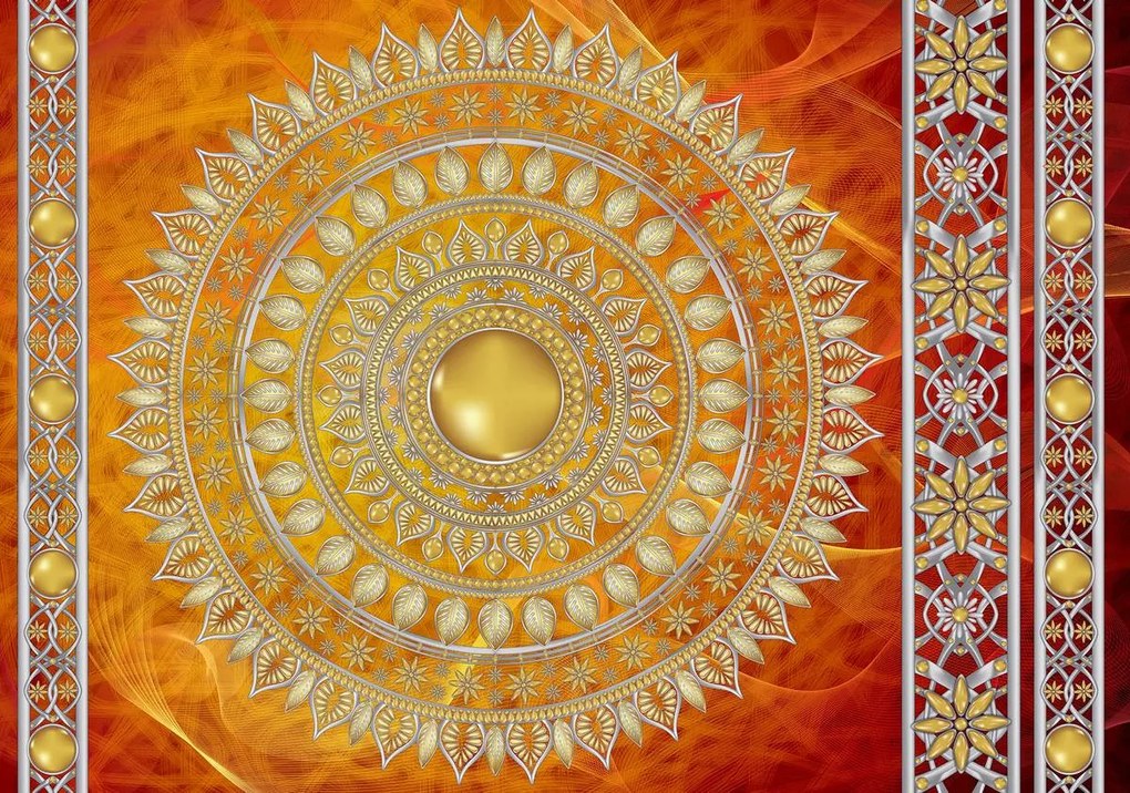 Fototapet - Mandala aurie în roșu (254x184 cm)