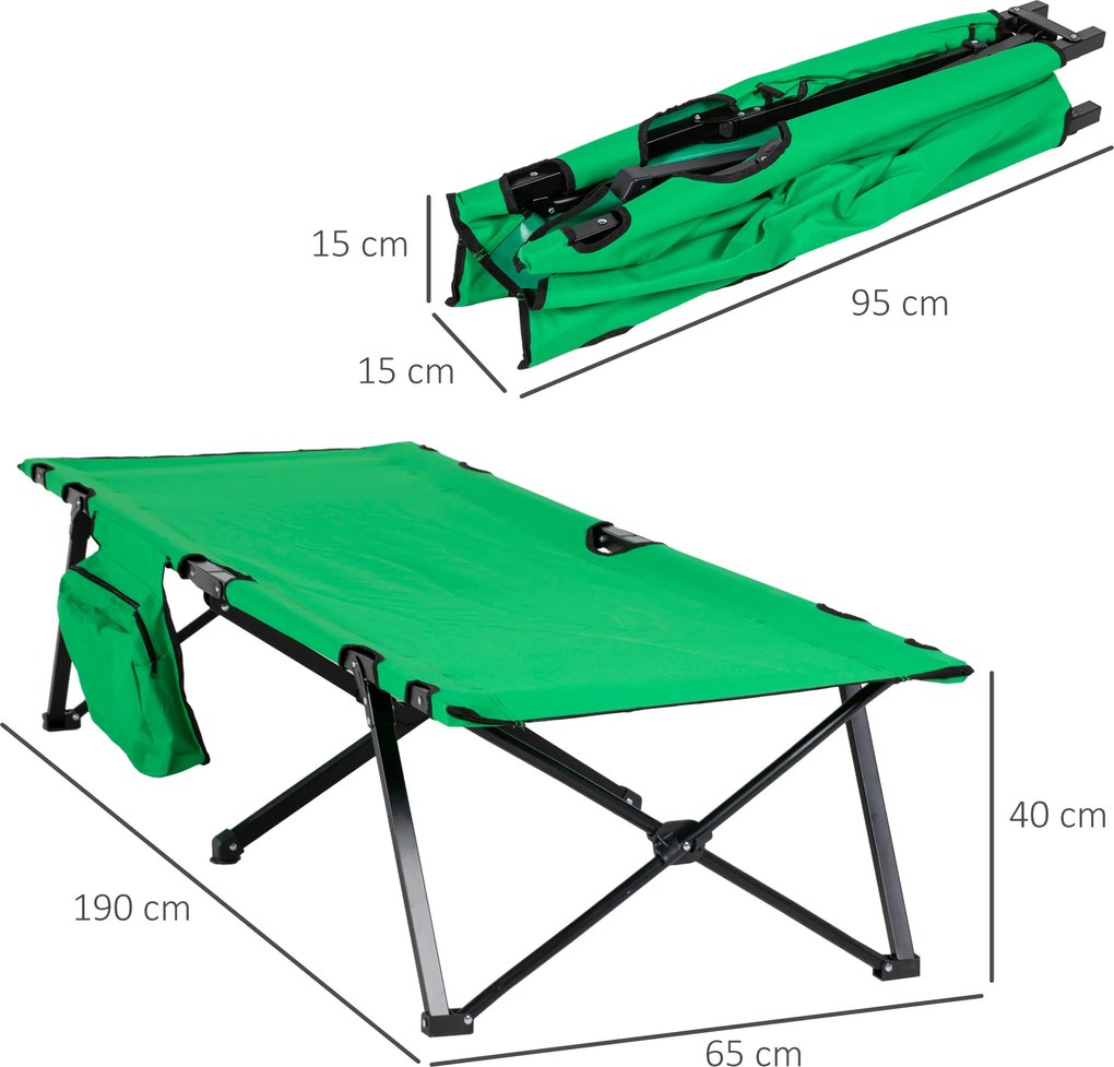 Outsunny Pat de camping, pat pliabil, pat pliabil cu buzunar lateral, suport pentru băuturi, suportând până la 136 kg, cadru din oțel Oxford Verde+Negru 190 x 65 x 40 cm | Aosom Romania