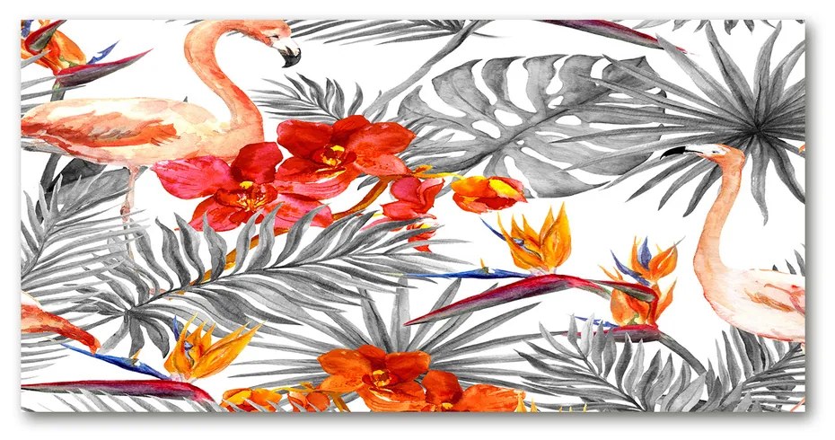 Tablou pe sticlă acrilică Flamingos și flori