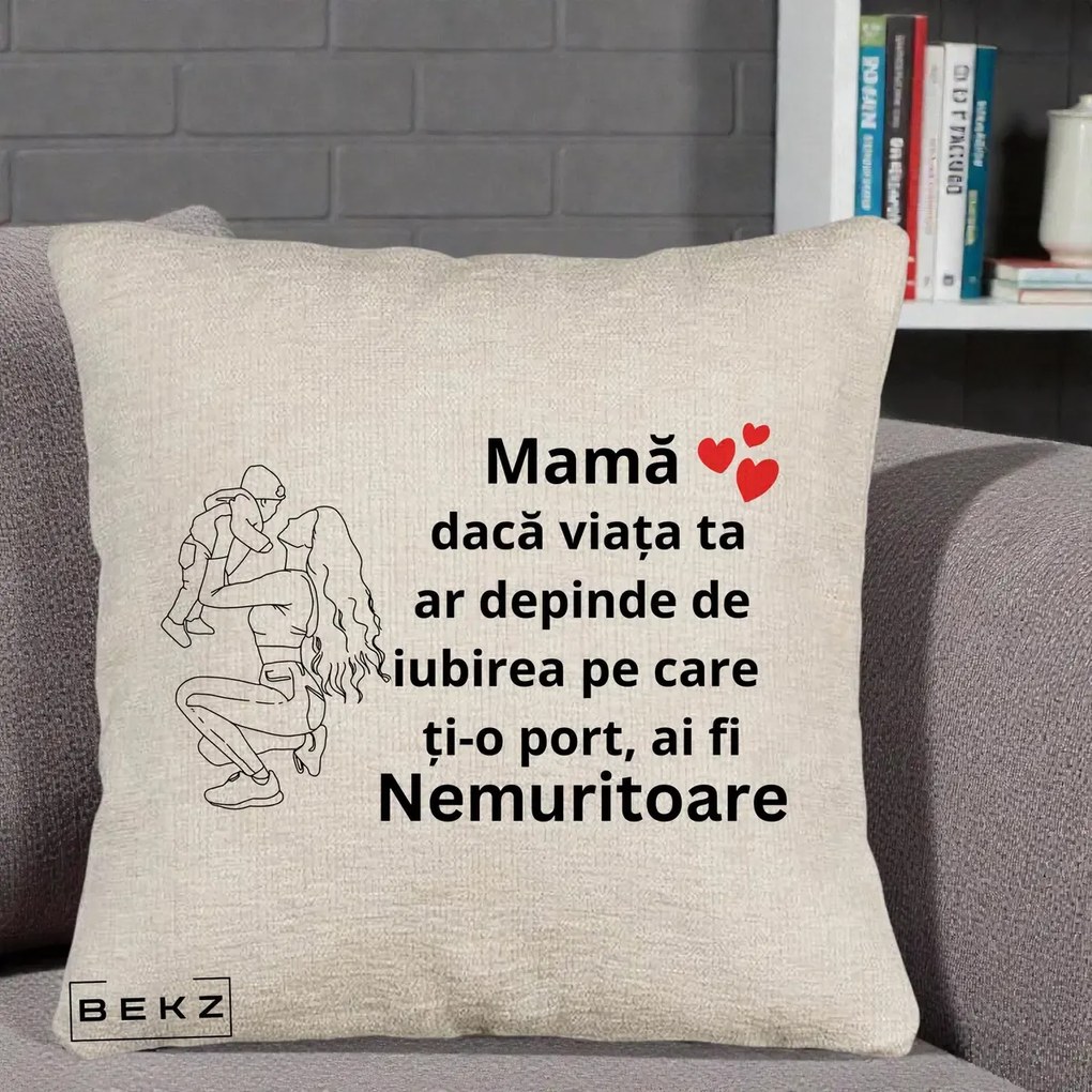 Cadou pentru Mama - Perna Personalizata Mama Nemuritoare Portret Graphic, 40x40 cm, Bej Canapea, Husa Detasabila, Perna Inclusa, BEKZ®