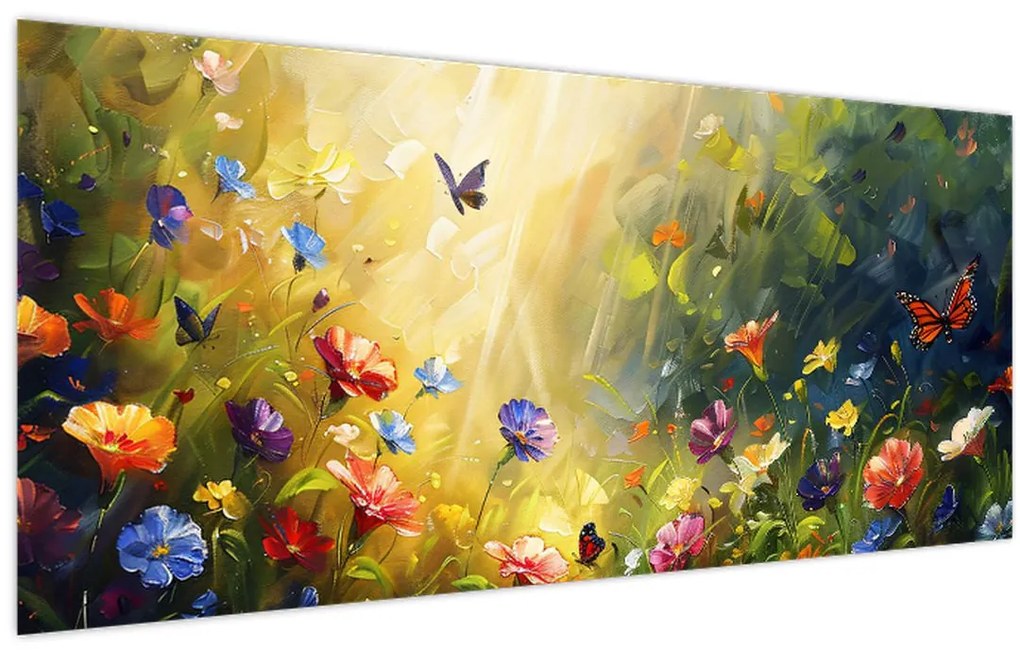 Tablou - Pajiște cu flori de primăvară, pictură (120x50 cm)