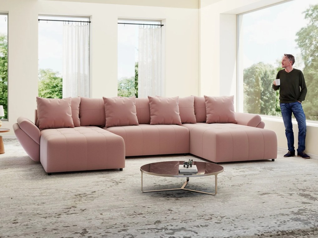 Colțar extensibil dumonde cu ladă de depozitare si sezut confortabil din spuma high-density, Berlin U Royal Roz 380x180 cm