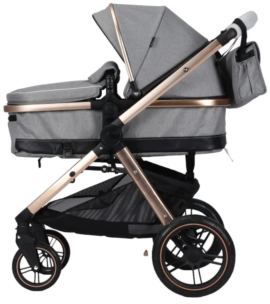 Carucior nou nascuti 2 in 1 NOVOKIDS™ X2000 series, Cu geanta bebe, Cadru Aluminiu Gold, Amortizoare, Roti din cauciuc plin AVE, Landou, Spatar