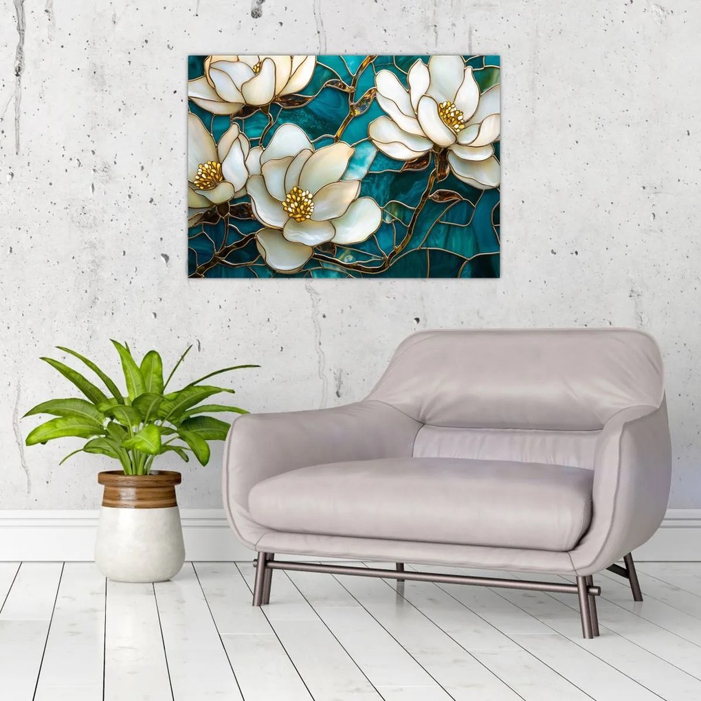 Tablou pe sticlă - Vitraliu cu magnolie (70x50 cm)