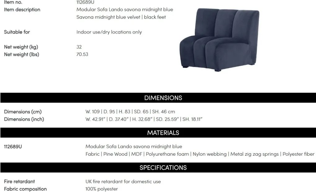 Modul canapea design LUX Lando, Catifea albastra